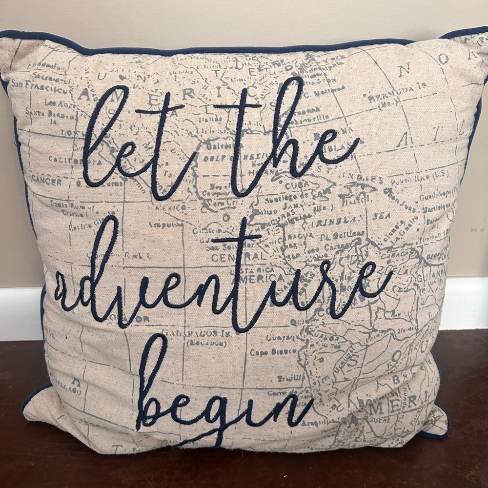 Let the Adventure Begin Decorative Map Pillow - Navy Script